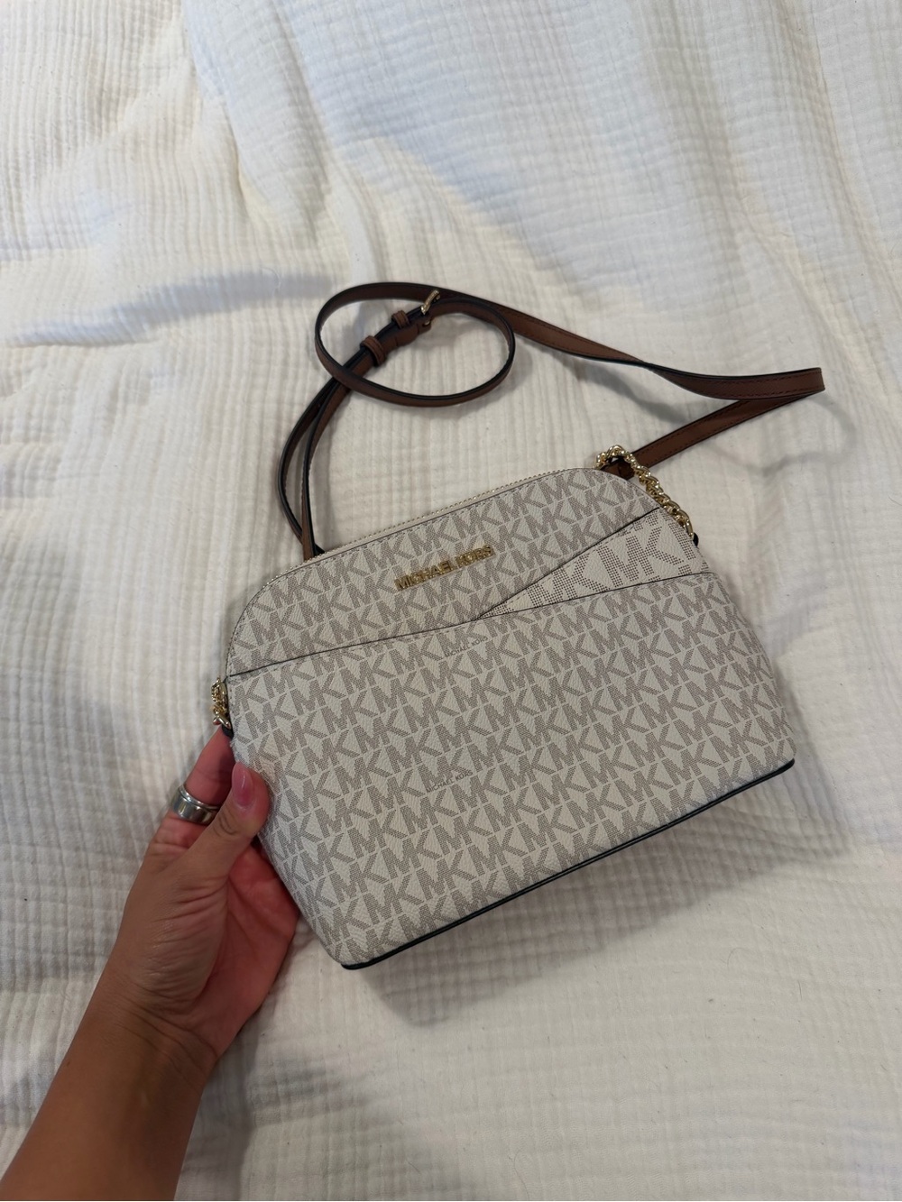 Michael Kors Cream Logo Crossbody with Brown Strap
